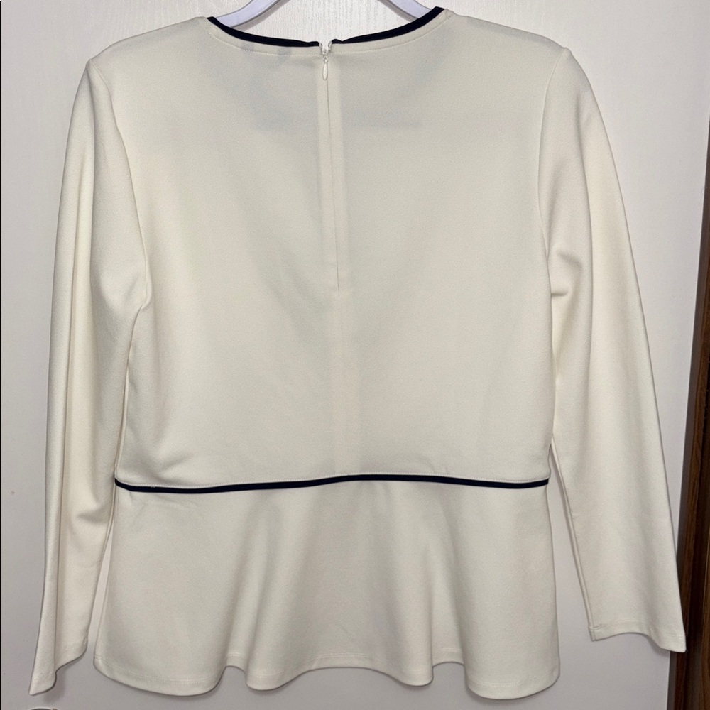 Ann Taylor Peplum Top Medium Cream Black Piping Long Sleeve Career Chic - Picture 2 of 13